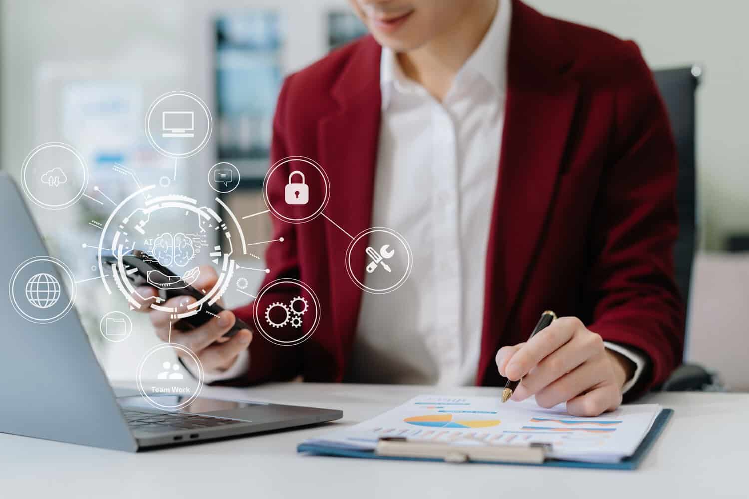 A businessman accesses his network securely with endpoint security for enterprises.