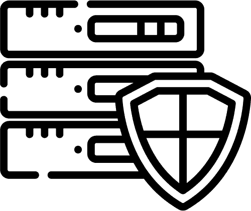 Visual icon of server hardware with a shield, representing robust server security.
