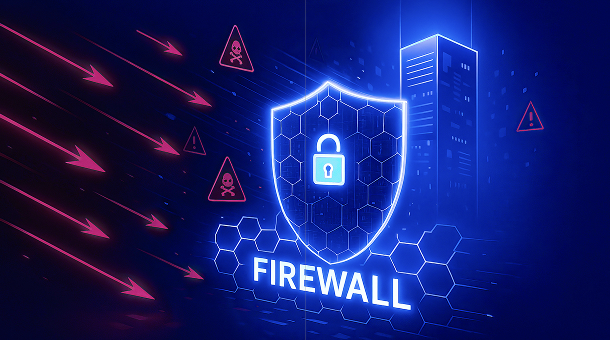 Stylised graphic of a firewall repelling cyberattacks.